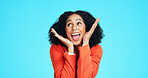 Excited, businesswoman and idea in studio with promotion announcement, reward and job opportunity. Space, happy person and thinking with work bonus, good news and positive mindset on blue background.