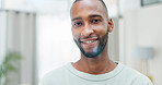 Portrait, black man and confident with smile in home for peace, calm morning and real estate. Happy, male person and homeowner with positive attitude, property investment and weekend break in lounge