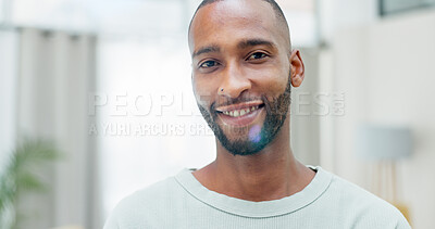 Buy stock photo Portrait, black man and confident with smile at house for peace, calm morning and stress relief. Happy, male person and pride with positive attitude, day off and good mood for weekend break in lounge