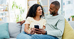 Happy couple, phone and relax on sofa with laugh, bonding and funny meme on web at apartment. African people, partner and smile with mobile app, relationship and social media with video in house
