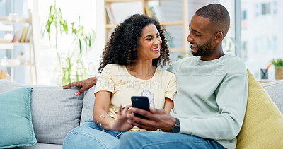 Buy stock photo Happy couple, phone and relax on sofa with laugh, bonding and funny meme on web at apartment. African people, partner and smile with mobile app, relationship and social media with video in house