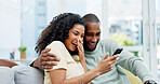 Happy couple, phone and laugh on sofa with post, bonding and funny meme on web at apartment. African people, partner and smile with mobile app, relationship and social network with video in house
