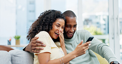 Buy stock photo Happy couple, phone and laugh on sofa with post, bonding and funny meme on web at apartment. African people, partner and joke with mobile app, relationship and social network with video in house
