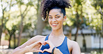 Fitness, heart hands and woman in portrait at park for health gratitude, self care and runner. Athlete, person and happy with love emoji in nature for wellness support, encourage exercise or practice