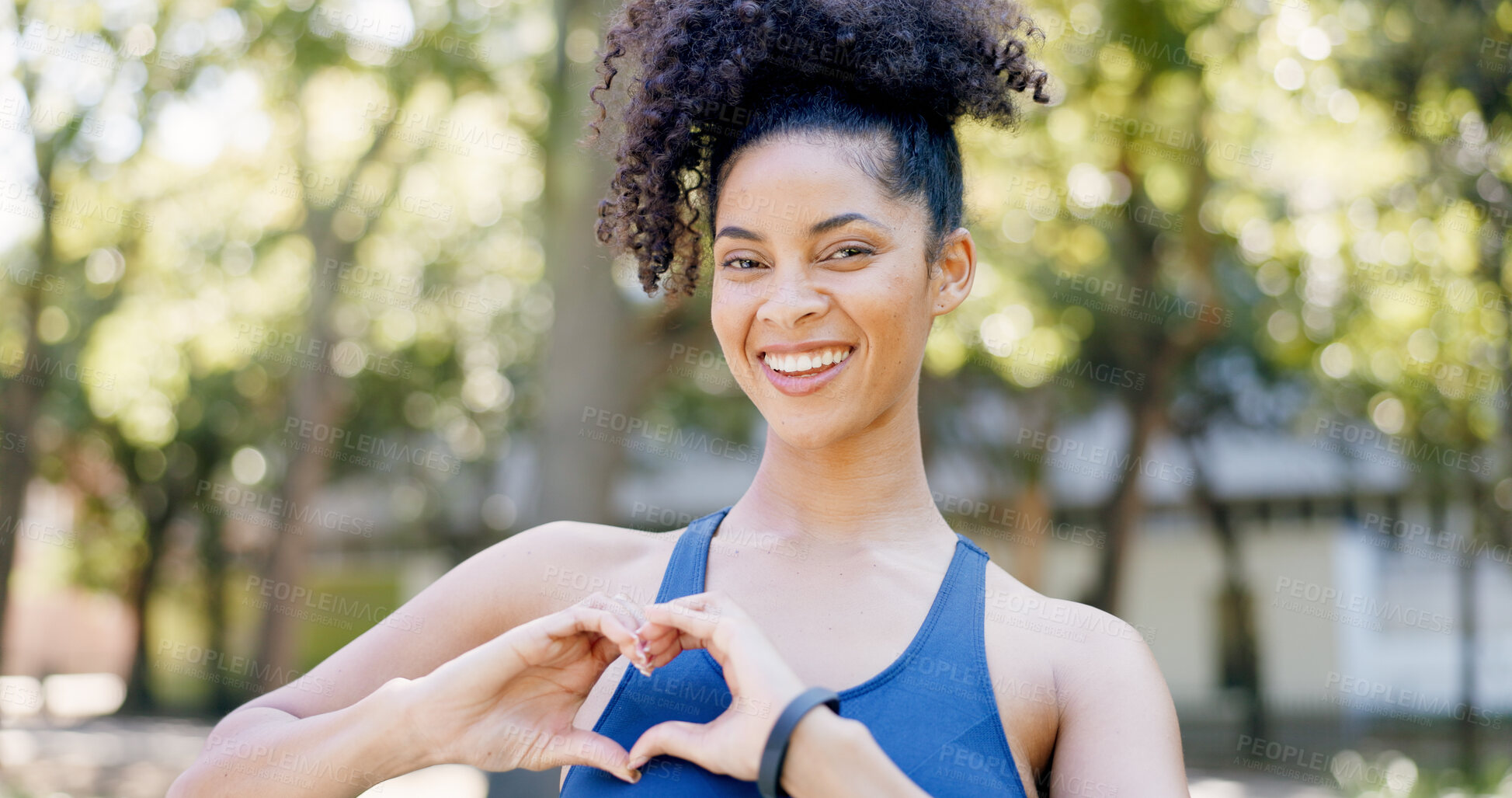 Buy stock photo Fitness, heart hands and woman in portrait at park for health gratitude, self care and runner. Athlete, person and happy with love emoji in nature for wellness support, encourage exercise or practice