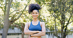 Crossed arms, fitness and portrait of woman in nature with confidence for workout, training or health. Wellness, happy and African female person with pride for exercise, active or sports outdoor.