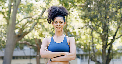Buy stock photo Crossed arms, fitness and portrait of woman in nature with confidence for wellness, athlete or health. Trees, happy and African female person with pride for exercise, break or relax outdoor in park.