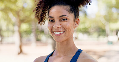 Buy stock photo Portrait, athlete and woman with smile outdoor for fitness, exercise and morning routine. Happy, female person and runner with confidence, positive attitude and sports training in nature for wellness