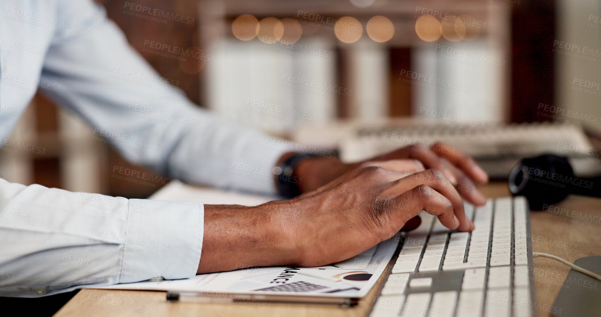 Buy stock photo Typing, keyboard and hands of businessman in office with email for feedback on finance report. Professional, online and male financial manager with update on investment proposal in workplace.