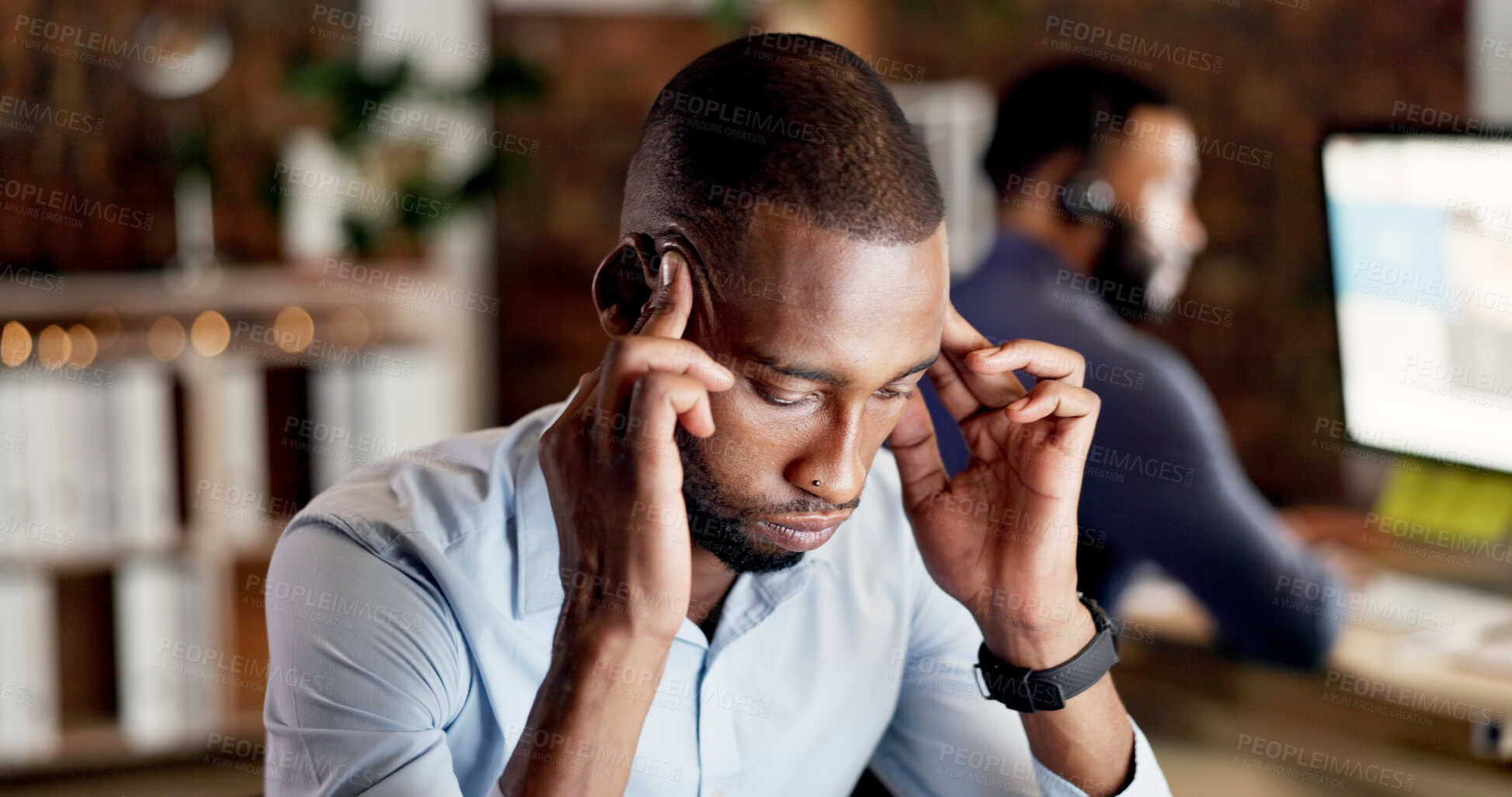 Buy stock photo Tired, man and stress with headache in office for overworked strain, pressure and fatigue. Exhausted, male person and coworking agent with migraine for doubt, burnout and deadline in workplace