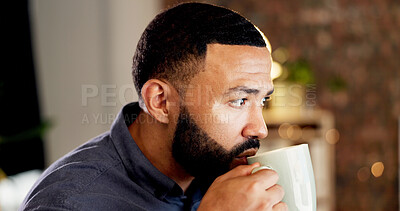 Buy stock photo Thinking, business man and coffee in office at night with vision, reflection and planning story. Bokeh, male person or daydreaming with warm beverage, herbal drink and working late for publication