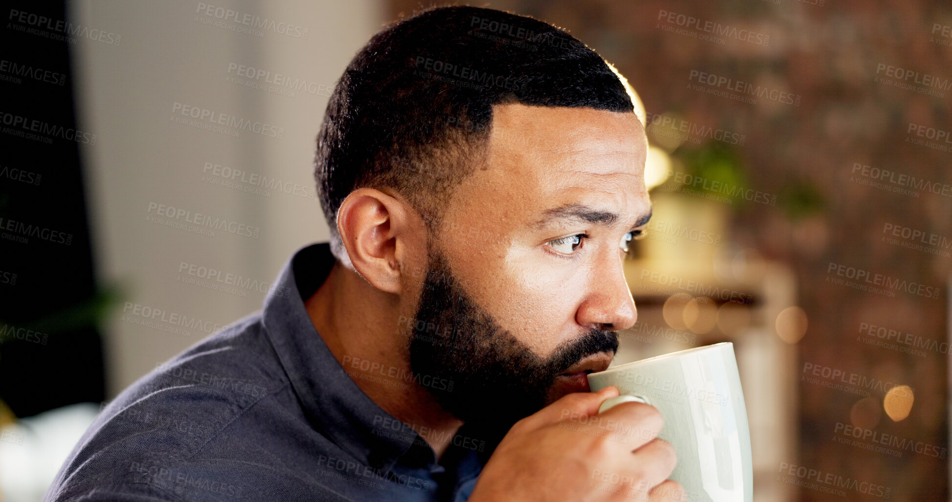 Buy stock photo Thinking, business man and coffee in office at night with vision, reflection and planning story. Bokeh, male person or daydreaming with warm beverage, herbal drink and working late for publication