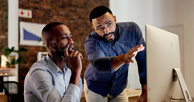 Buy stock photo Men, coaching and pointing with computer in office for staff training, internship or mentoring. Male people, employees or manager with intern for software update, learning or assistance in workplace