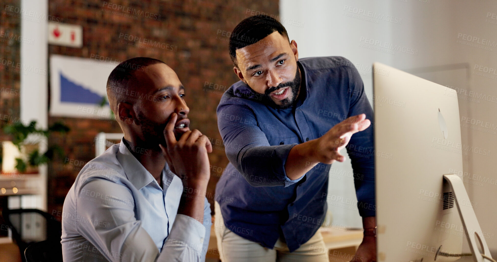 Buy stock photo Men, coaching and pointing with computer in office for staff training, internship or mentoring. Male people, employees or manager with intern for software update, learning or assistance in workplace