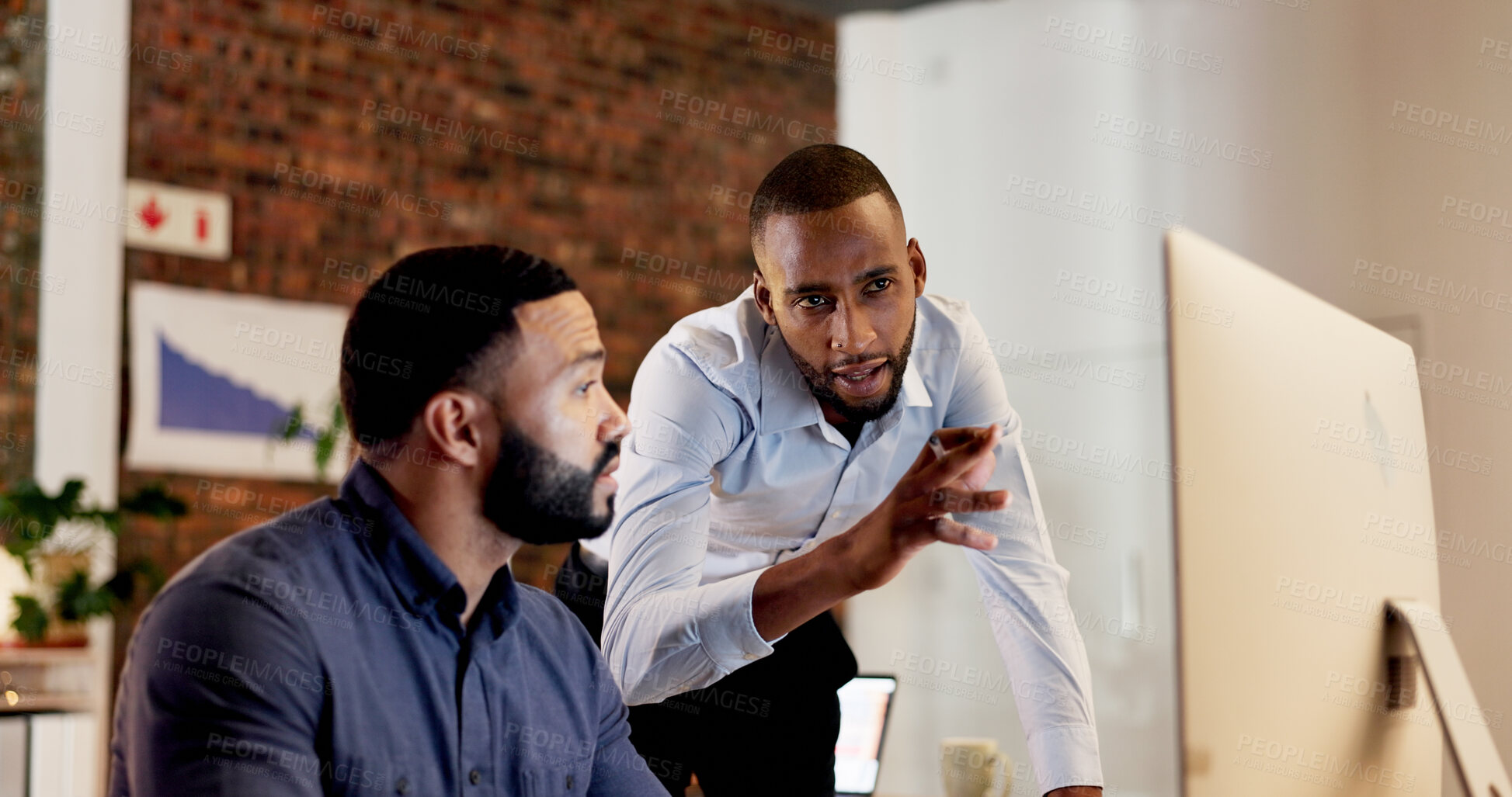 Buy stock photo Review, manager and employee with computer in office, software coaching and planning for upgrade. Reading, mentoring and men with teamwork for cybersecurity system, pc and automated firewall training