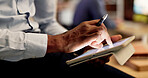 Planning, hands or person with tablet in office, software development or system maintenance at night. Tech, overtime or app developer with testing for digital feature, programming or project deadline