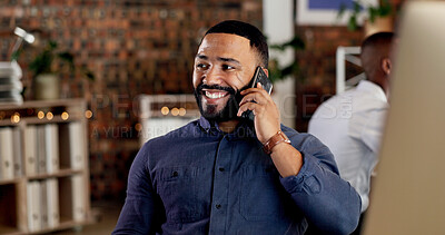 Buy stock photo Phone call, talking and business man in office for finance advice, investment and communication. Company, night and person with cellphone for financial consulting, discussion and conversation