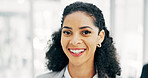 Portrait, woman and lawyer with smile in office for career pride, about us and legal advisory. Happy, female person or attorney with confidence, positive attitude and representative for corporate law