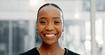 Portrait, black woman and lawyer with smile in office for career pride, about us and legal advice. Happy, female person or attorney with confidence, positive attitude and consultant for corporate law