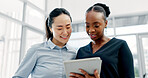 Tablet, reading and business women in office with research for legal information with case review. Digital technology, team and female attorneys with email for feedback on law procedure in workplace.