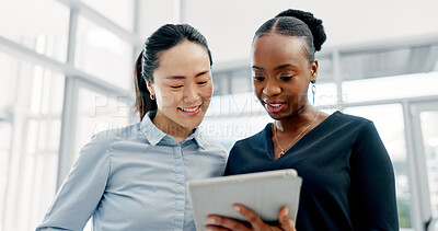 Buy stock photo Tablet, reading and business women in office with research for legal information with case review. Digital technology, team and female attorneys with email for feedback on law procedure in workplace.