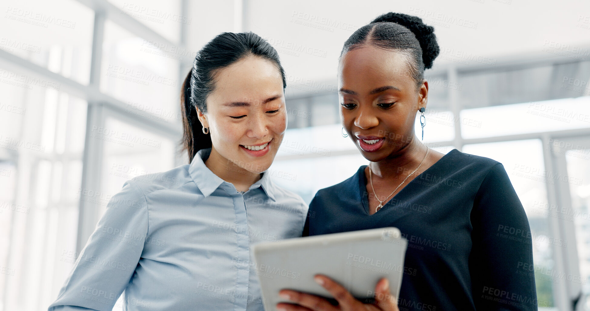 Buy stock photo Tablet, reading and business women in office with research for legal information with case review. Digital technology, team and female attorneys with email for feedback on law procedure in workplace.