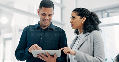 Buy stock photo Tablet, discussion and business people in office with research for finance report with investment plan. Digital technology, team and financial advisor with manager for review on budget portfolio.