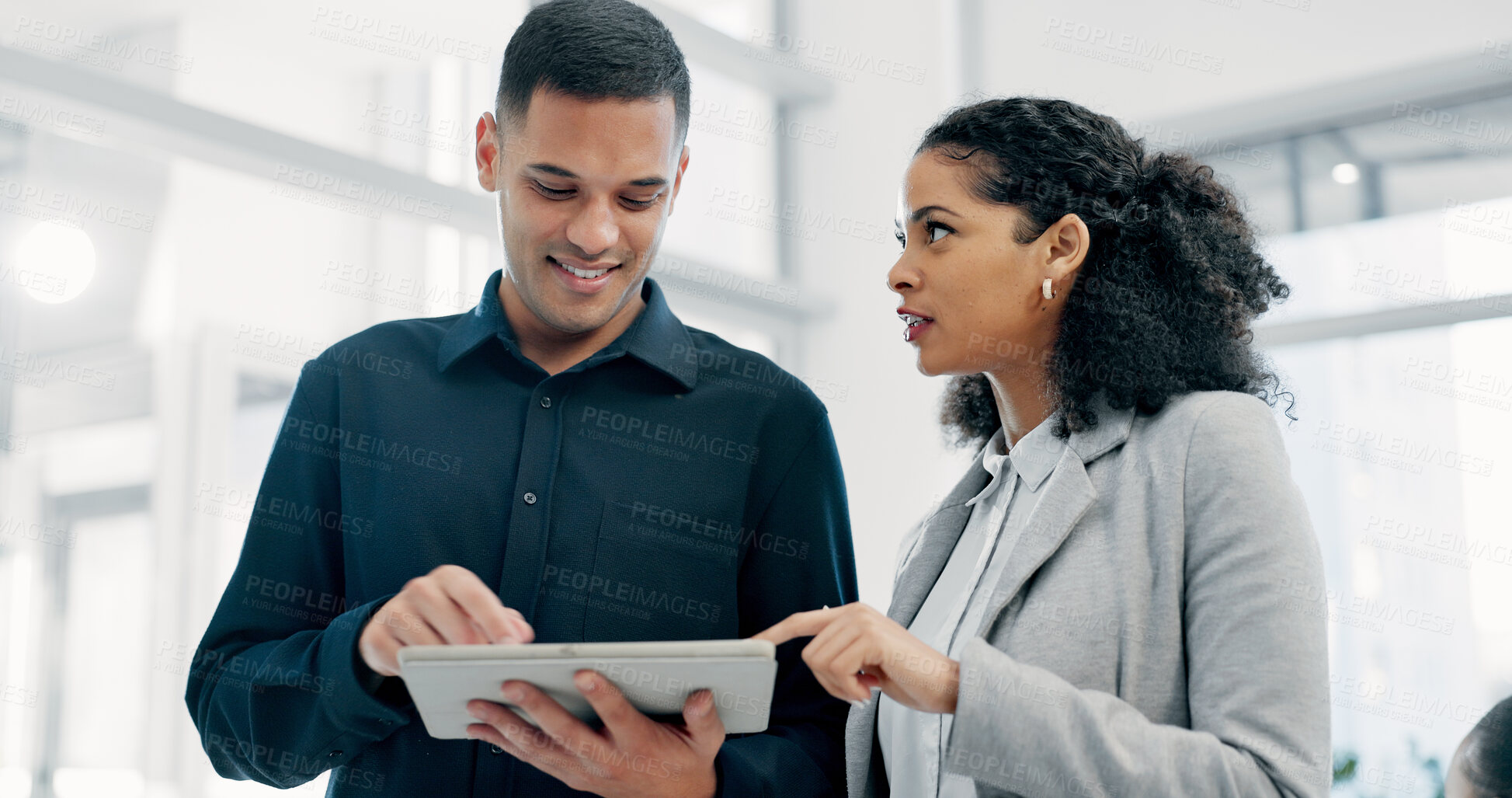 Buy stock photo Tablet, discussion and business people in office with research for finance report with investment plan. Digital technology, team and financial advisor with manager for review on budget portfolio.