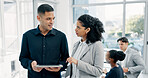 Business people, discussion and tablet with meeting for financial report, budget or proposal. Tech, collaboration and teamwork for investment strategy, planning or agenda for project management