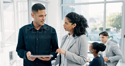 Buy stock photo Business people, discussion and tablet with meeting for financial report, budget or proposal. Tech, collaboration and teamwork for investment strategy, planning or agenda for project management