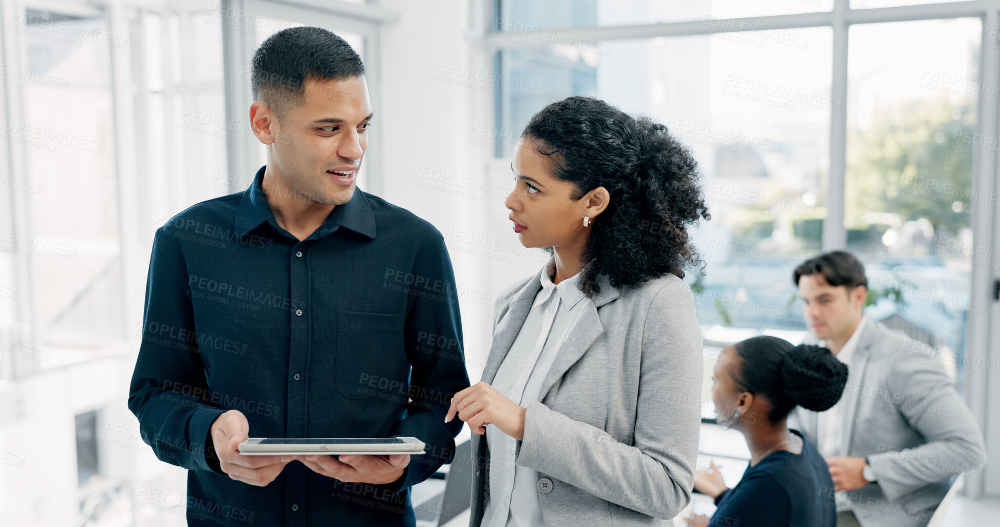 Buy stock photo Business people, discussion and tablet with meeting for financial report, budget or proposal. Tech, collaboration and teamwork for investment strategy, planning or agenda for project management
