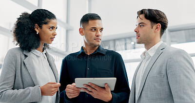 Buy stock photo Business people, discussion and tablet in office for financial report, budget or proposal. Digital tech, collaboration and teamwork for investment strategy, planning or agenda for project management