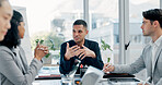 Businessman, discussion or proposal in boardroom meeting with team for project planning or strategy. Man, employees or colleagues with idea for corporate improvement, conversation or office briefing