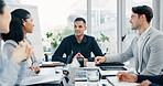 Meeting, team or business people with discussion in office, trading offer or investment evaluation. Planning, tech or financial advisor group with assessment of proposal, risk advice or funding idea