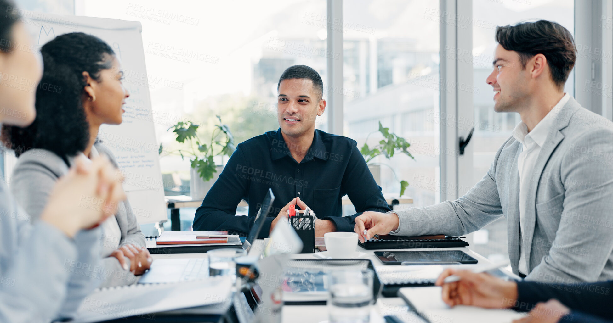 Buy stock photo Meeting, team or business people with discussion in office, trading offer or investment evaluation. Planning, tech or financial advisor group with assessment of proposal, risk advice or funding idea