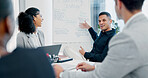 Businessman, whiteboard or presentation with group for marketing strategy or discussion in boardroom. Man, colleagues or speaker with mindmap, team or employees for business plan ideas in workplace