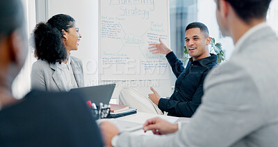 Buy stock photo Businessman, whiteboard or presentation with group for marketing strategy or discussion in boardroom. Man, colleagues or speaker with mindmap, team or employees for business plan ideas in workplace