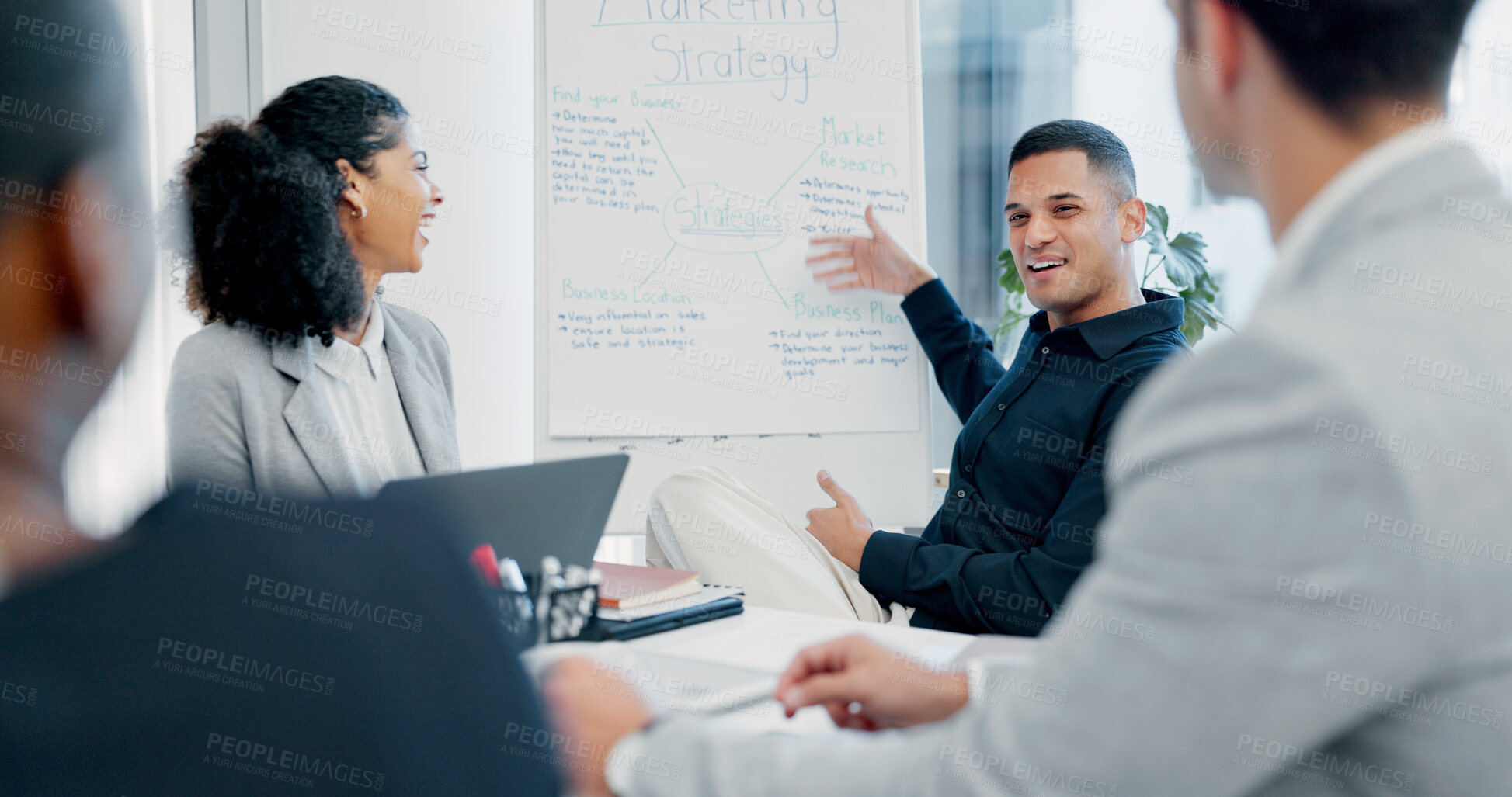 Buy stock photo Businessman, whiteboard or presentation with group for marketing strategy or discussion in boardroom. Man, colleagues or speaker with mindmap, team or employees for business plan ideas in workplace