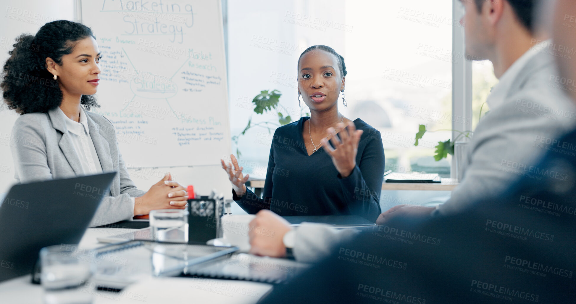 Buy stock photo Woman, whiteboard or presentation with group for marketing strategy or discussion in boardroom. Female person, colleagues or speaker with mindmap, team or employees for business plan in workplace