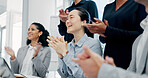 Business, woman and staff in meeting with applause for good news, congratulations and bonus success. Team, tech and clapping hands for presentation, celebration and achievement with positive feedback