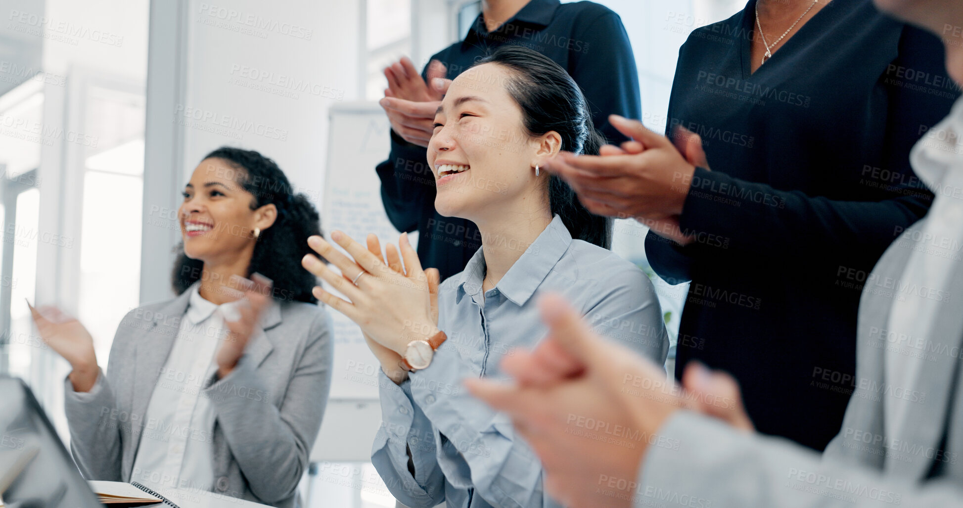 Buy stock photo Business, woman and staff in meeting with applause for good news, congratulations and bonus success. Team, tech and clapping hands for presentation, celebration and achievement with positive feedback