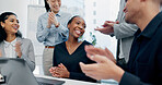 Business, woman and staff in office with applause for good news, congratulations and bonus success. People, laptop and clapping hands for celebration, praise employees and thank you for promotion