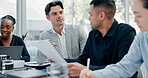 Meeting, discussion or business people with paper in office, trading offer or investment evaluation. Planning, tech or risk management team with assessment of proposal, check profitability or budget