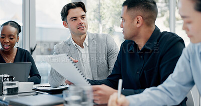 Buy stock photo Meeting, discussion or business people with paper in office, trading offer or investment evaluation. Planning, tech or risk management team with assessment of proposal, check profitability or budget