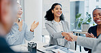 Shaking hands, applause and business people in office for meeting with finance deal, partnership or agreement. Happy, clapping and financial manager with investor for handshake on investment contract