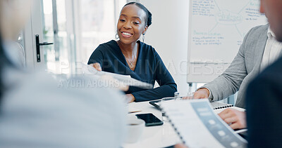 Buy stock photo Documents, meeting and businesswoman with team in office for finance report with planning. Collaboration, discussion and financial advisors with paperwork for investment proposal in workplace.