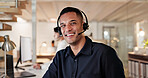 Headset, man and happy with help desk portrait for customer support, online advice and coworking. Consultant, person and smile at call center for friendly service, about us and hotline representative