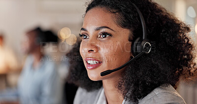Buy stock photo Consulting, woman and talk with headset in call center for virtual assistance, CRM and coworking. Bokeh, agent and talking with tech for help desk support, customer service and inbound client query
