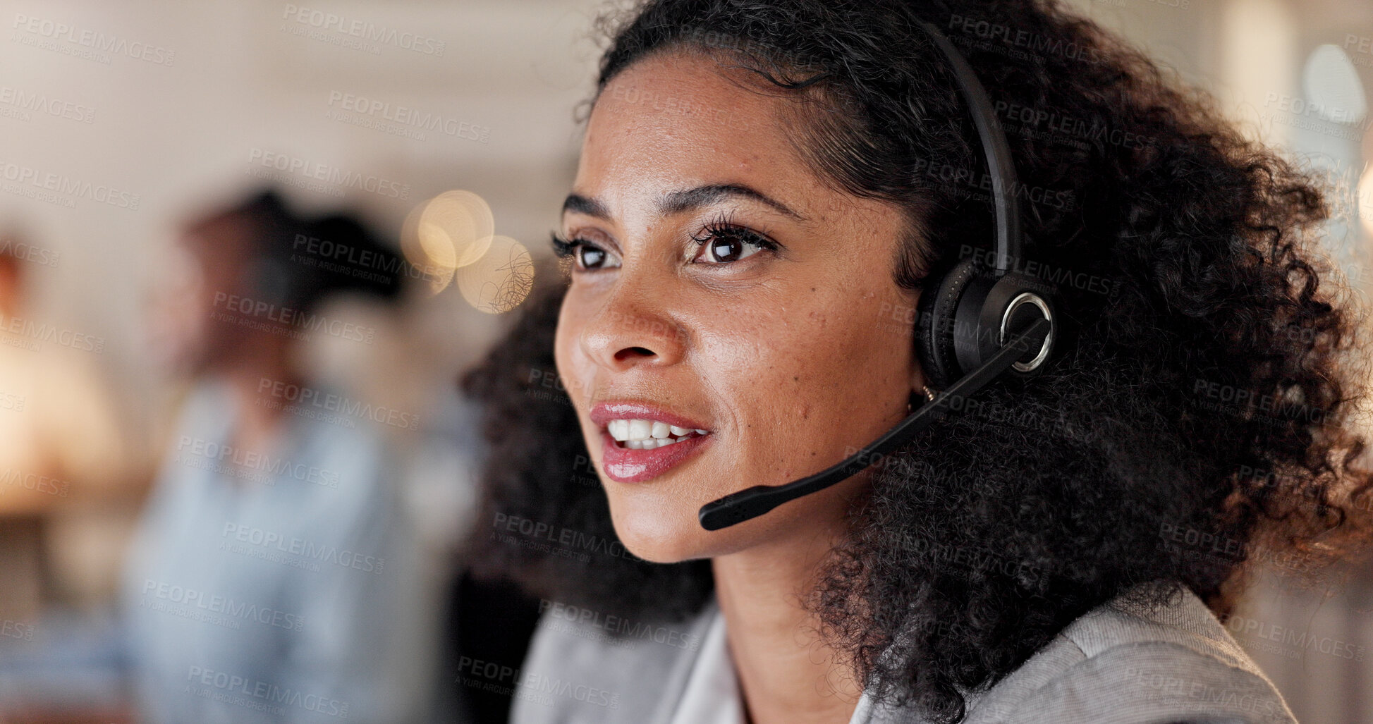 Buy stock photo Consulting, woman and talk with headset in call center for virtual assistance, CRM and coworking. Bokeh, agent and talking with tech for help desk support, customer service and inbound client query