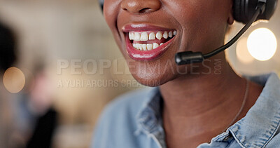 Buy stock photo Mouth, headset and happy with contact at call center for advice, insight or mic at insurance company. Woman, advisor or consultant with voip, solution or customer service at risk management agency